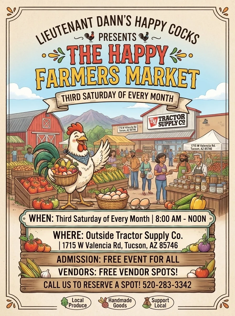 The Happy Farmers Market flyer: third Saturday every month, 8 AM to noon, outside Tractor Supply Co. at 1715 W Valencia Road in Tucson. Free admission and vendor spaces.