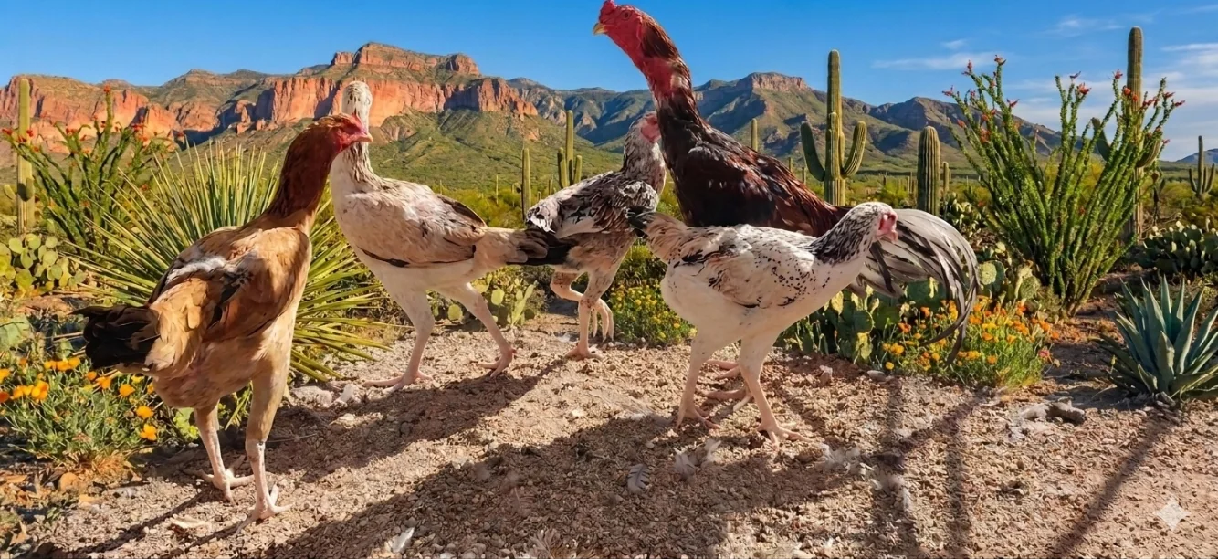 Tall chickens standing in the Arizona desert